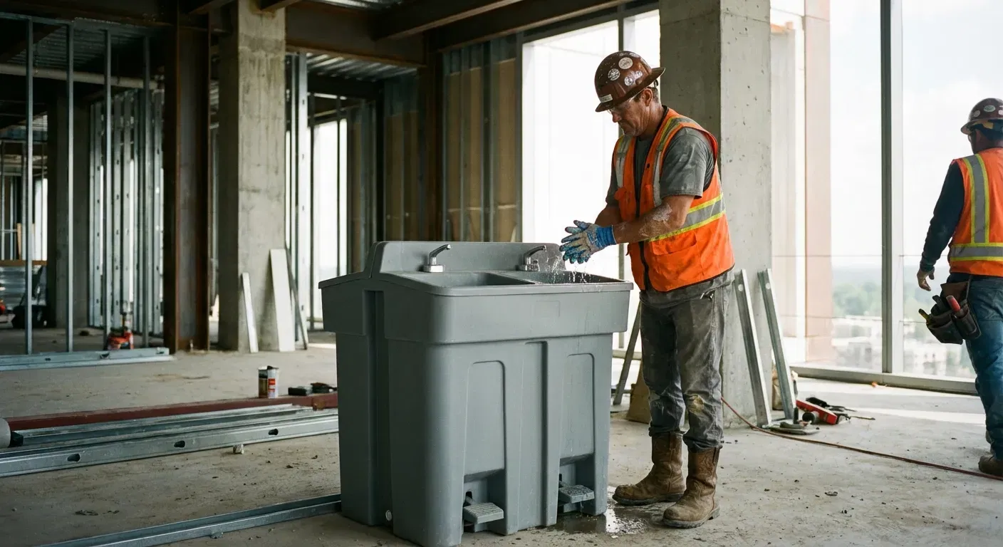 A dual-basin hand wash station positioned on a concrete floor of a high-rise construction site with the city skyline visible through open steel framing. in Bronx, NY