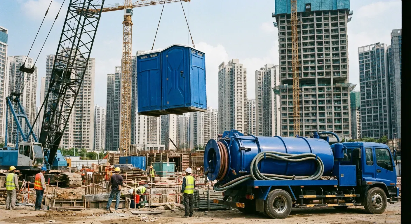 A High-Rise Crane Liftable Toilet unit suspended in mid-air by a crane against a city skyline during the day, showcasing the steel sling attachment. in Bronx, NY