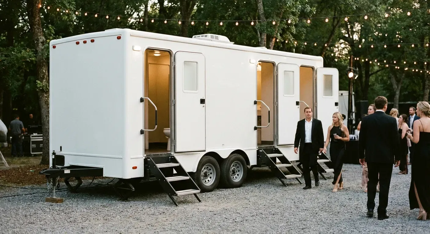 Exterior of a Luxury Restroom Trailer at an evening event, warm lighting spilling from the door, positioned discreetly near a manicured lawn. in Bronx, NY