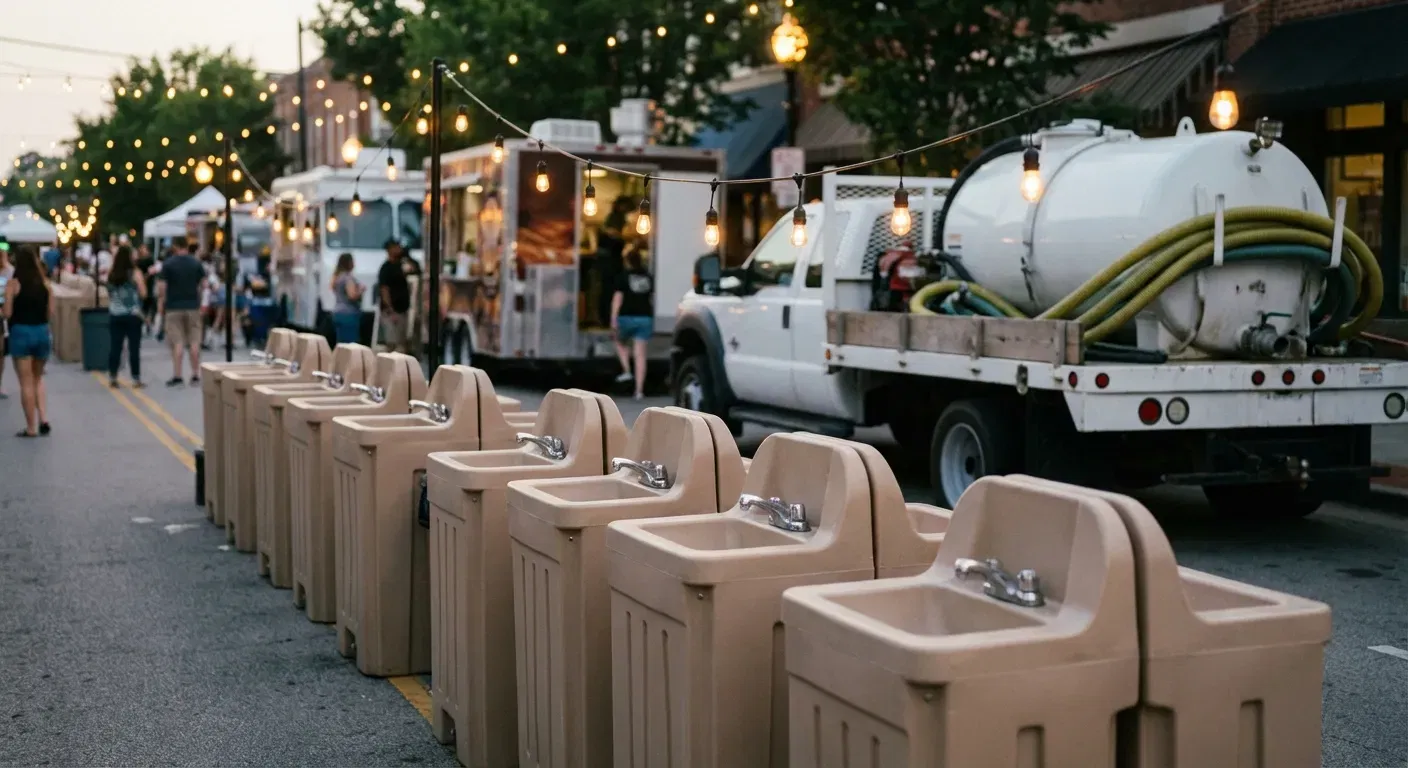 A row of clean, grey portable hand wash stations set up on pavement near food trucks, with blurred festival lights and crowd in the background. in Bronx, NY