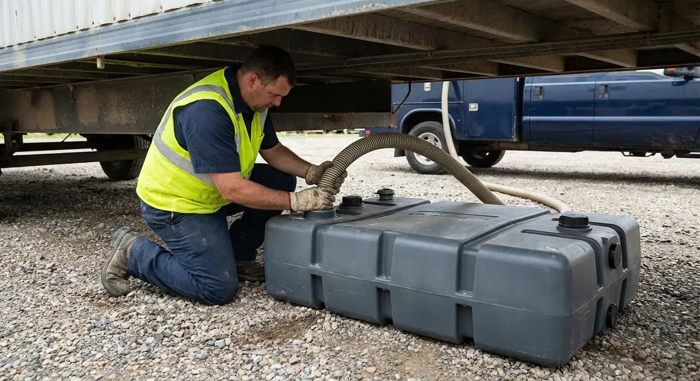 Grand Concourse Portables vacuum truck servicing a waste holding tank at a construction site in Bronx, NY