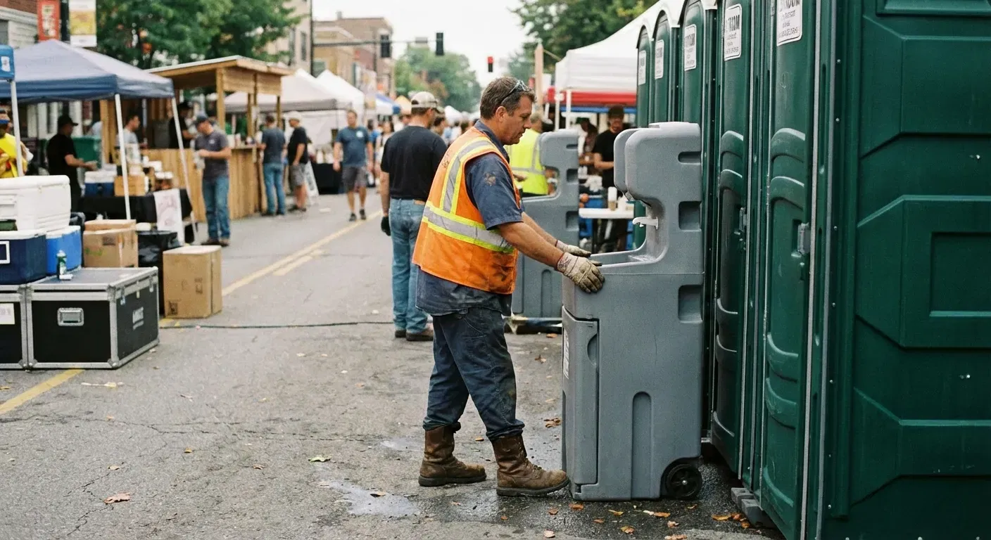 A row of pristine Special Event Portable Restrooms and hand wash stations lined up along a festival barrier with blurred crowds in the background. in Bronx, NY