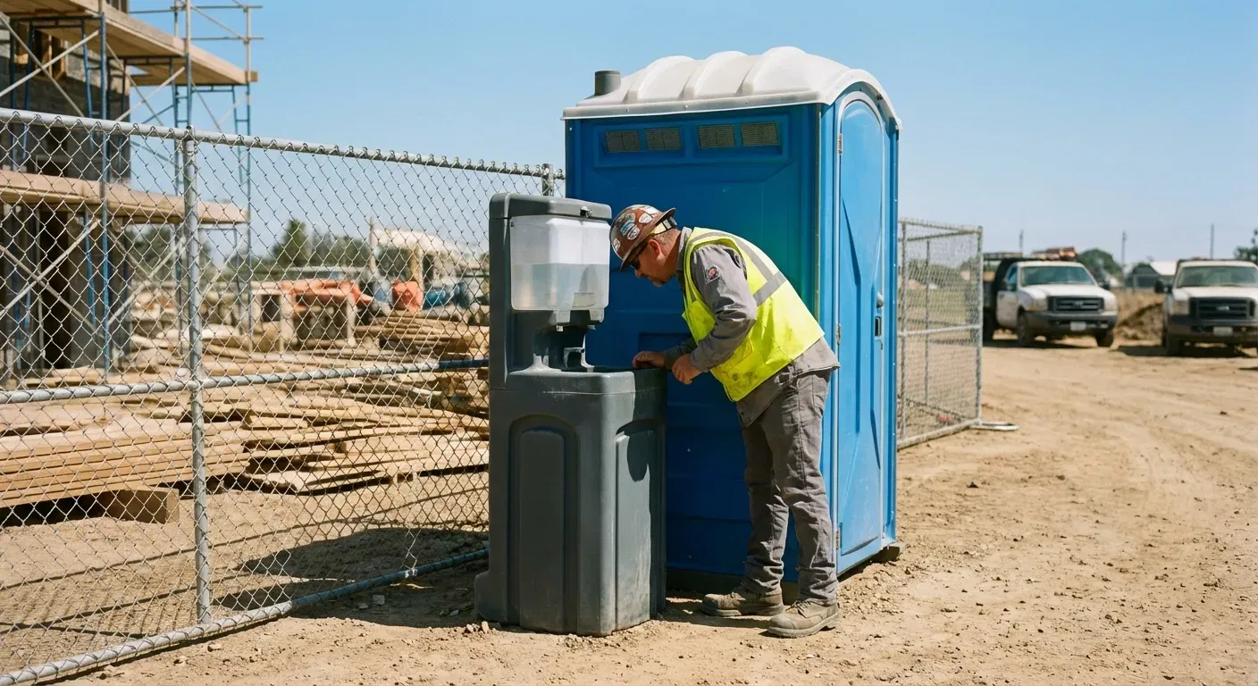 A close-up view of a portable hand wash station next to a portable toilet on a dirt construction site, focusing on the foot pump mechanism. in Bronx, NY