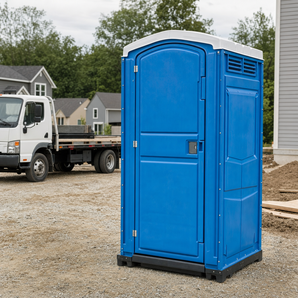 Delivery driver positioning a clean royal-blue portable toilet on level ground at a Bronx worksite