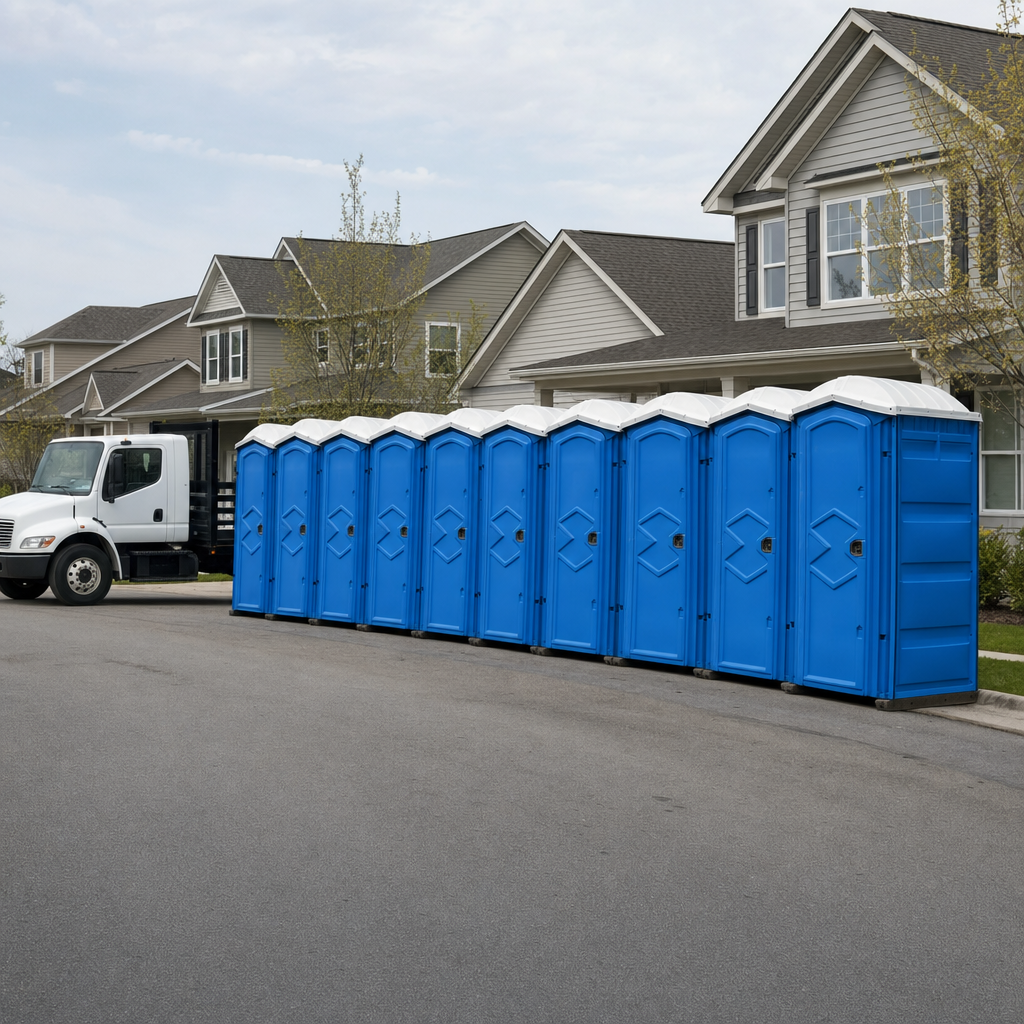 Royal blue portable toilets staged in a tidy row at a Bronx jobsite, ready for delivery